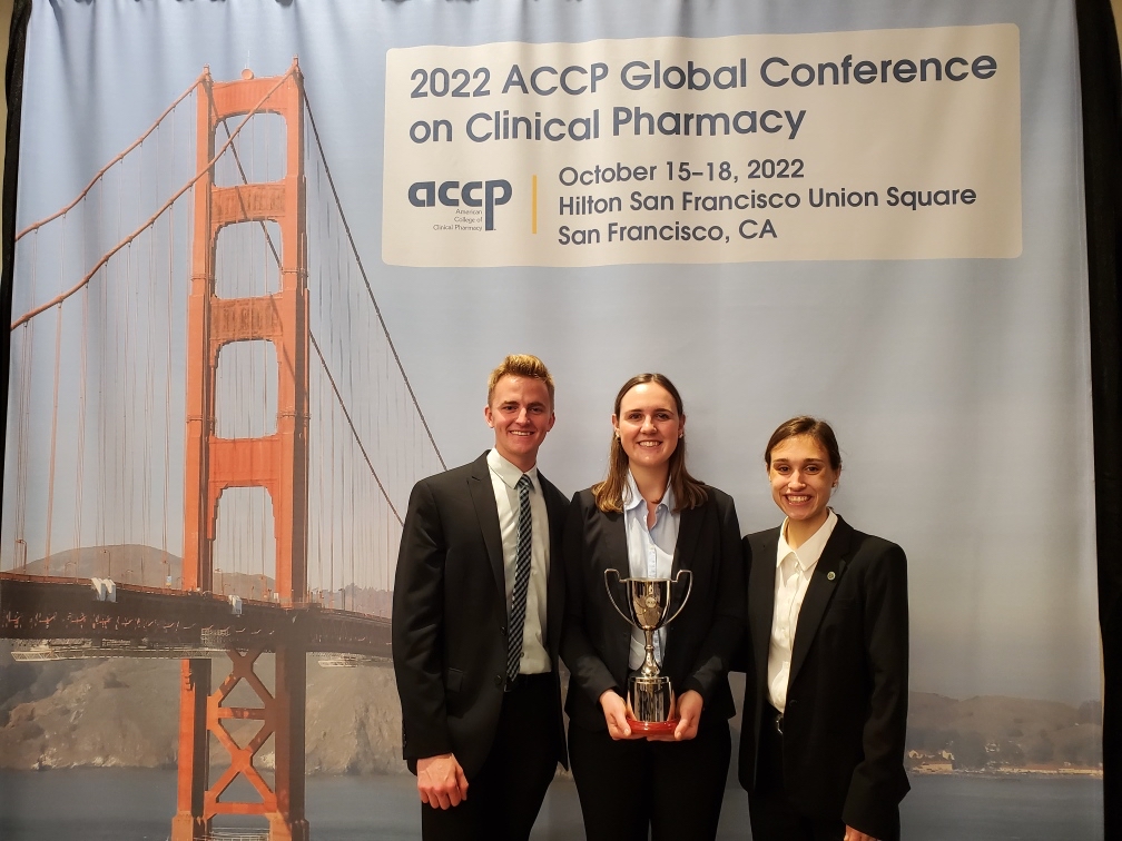 Look at that trophy!  University of Toledo students were FIRST PLACE in the ACCP Clinical Pharmacy Challenge.  This is in addition to receiving the Outstanding Student Chapter Award.  Pictured here are Ethan Shell, Alana Knapke (captain) and Christina Beran (L to R).
Go Rockets!!