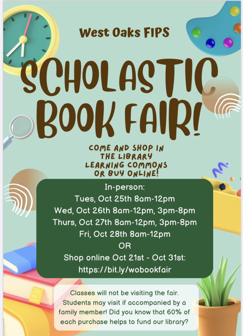 Coming next week! Get a head start on your holiday shopping at the Scholastic Book Fair! You can shop in-person or online. Check out the details below!