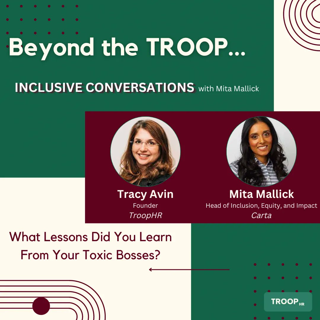 JoinTroopHR's tweet photo. We can't wait to hear our founder, Tracy Avin join Mita Mallick in her weekly audio room discussion, “Inclusive Conversations" on navigating around the world of toxic bosses.

This should be an amazing conversation!! Check it out this Thursday, October 20th at 12:00 pm ET. https://t.co/dKIog7GFi5