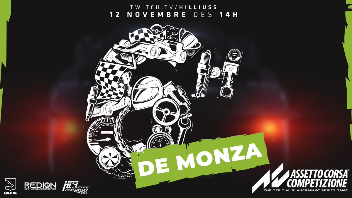 Hilliuss's tweet photo. Vous faites quoi le 12 Novembre ? 

N'a car il y as un truc cool genre une course de 6H sur Monza sur le jeu Assetto Corsa Competizione

En direct des locaux @LDLC_OL  avec quelques streameurs

Je dit ça comme ça mais restez a l'affut d'autres annonces dans les prochains jours https://t.co/PDQFAvHvLs