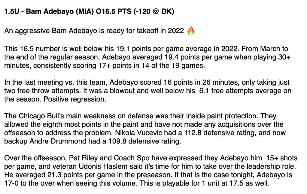 PropBomb's tweet photo. 1.5U - Bam Adebayo (MIA) O16.5 PTS (-120 @ DK)

Starting off NBA with a banger. We love this spot for Bam. Write up ⬇️ 

#NBA #PlayerProps https://t.co/PMS6AEemhJ