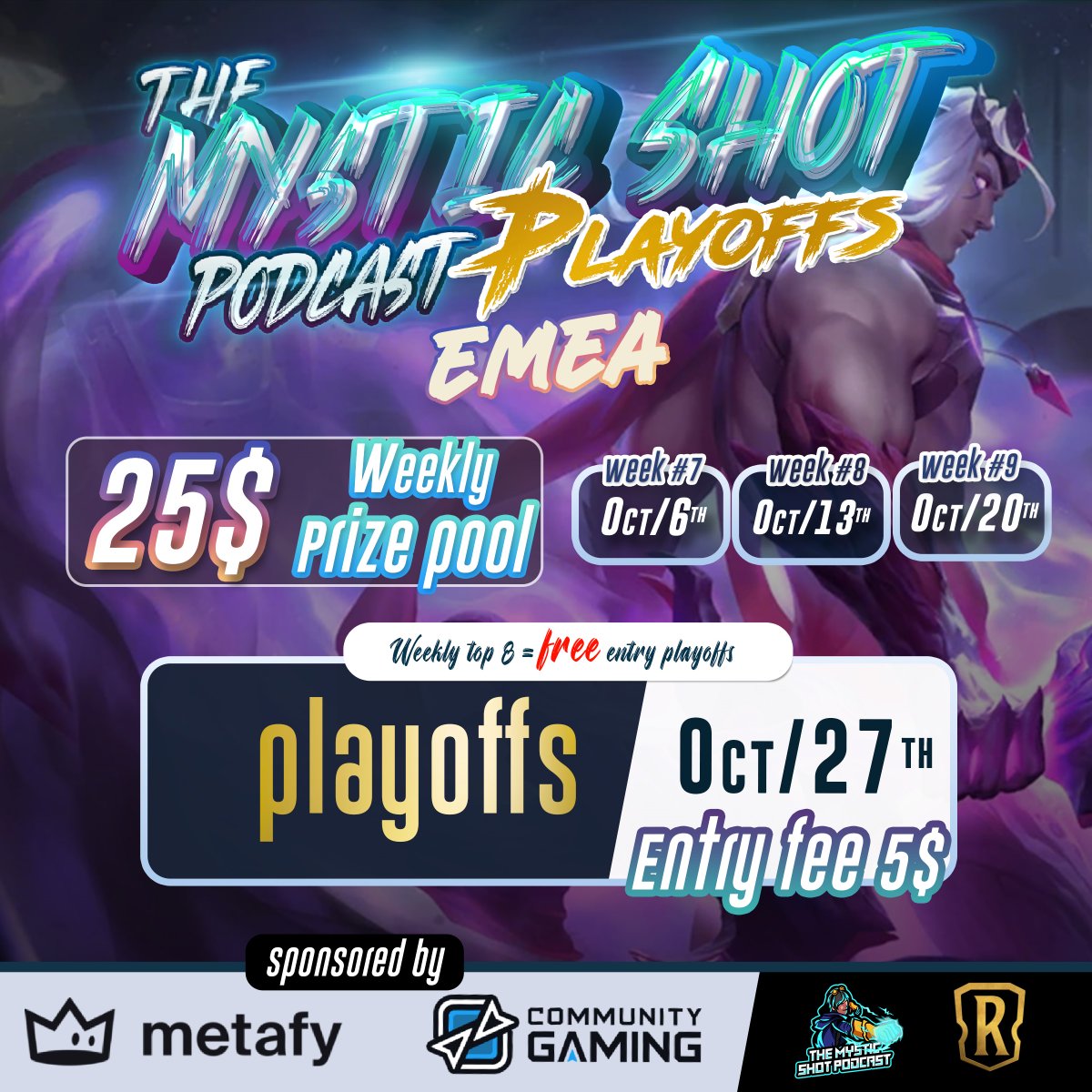 MysticShotCast's tweet photo. Good day everyone! This all the rest of the LOR events we have coming up for this month for AM and EMEA regions. Make sure you mark it down on your calendar to come thru and show support to the players! Thank you @BlackBurmaLOR for the graphic. https://t.co/3Ao55KN5Ua