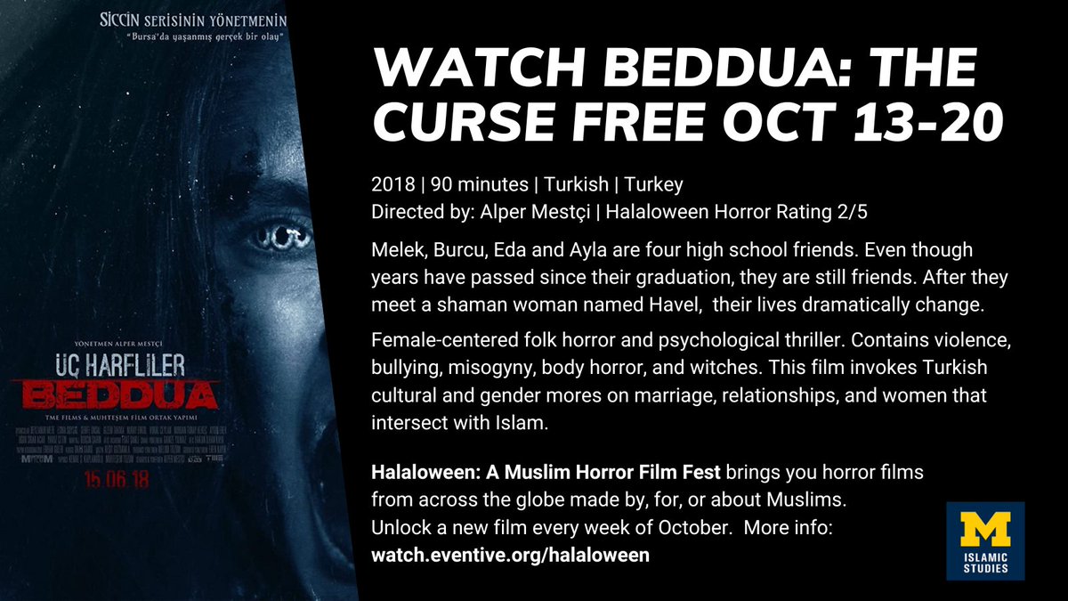 umichGISC's tweet photo. Three more days to stream #Halaloween's #TurkishHorror feature #BedduaTheCurse
From Oct 13-20th, stream the Turkish horror film Beddua: The Curse, a thrilling, female-centered horror film by @alpermestci_ at https://t.co/RGGIOhT4c9.
Halaloween #Horror Rating 2/5. #Turkey https://t.co/kdTmoh2eLW