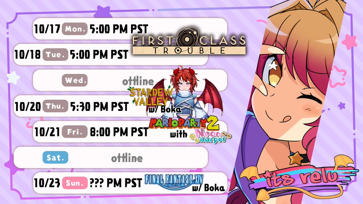 itsRelu's tweet photo. It's a wild Relu Schedule!! Catch it while you can!
Not only is it a rare schedule, but what a doozy! 5 days of Relu streams (wow!)

Catch me at https://t.co/IpbJxI2uYd
Art tag: #ReluArt NSFW art tag: #relewd https://t.co/zRp5PbbfXF