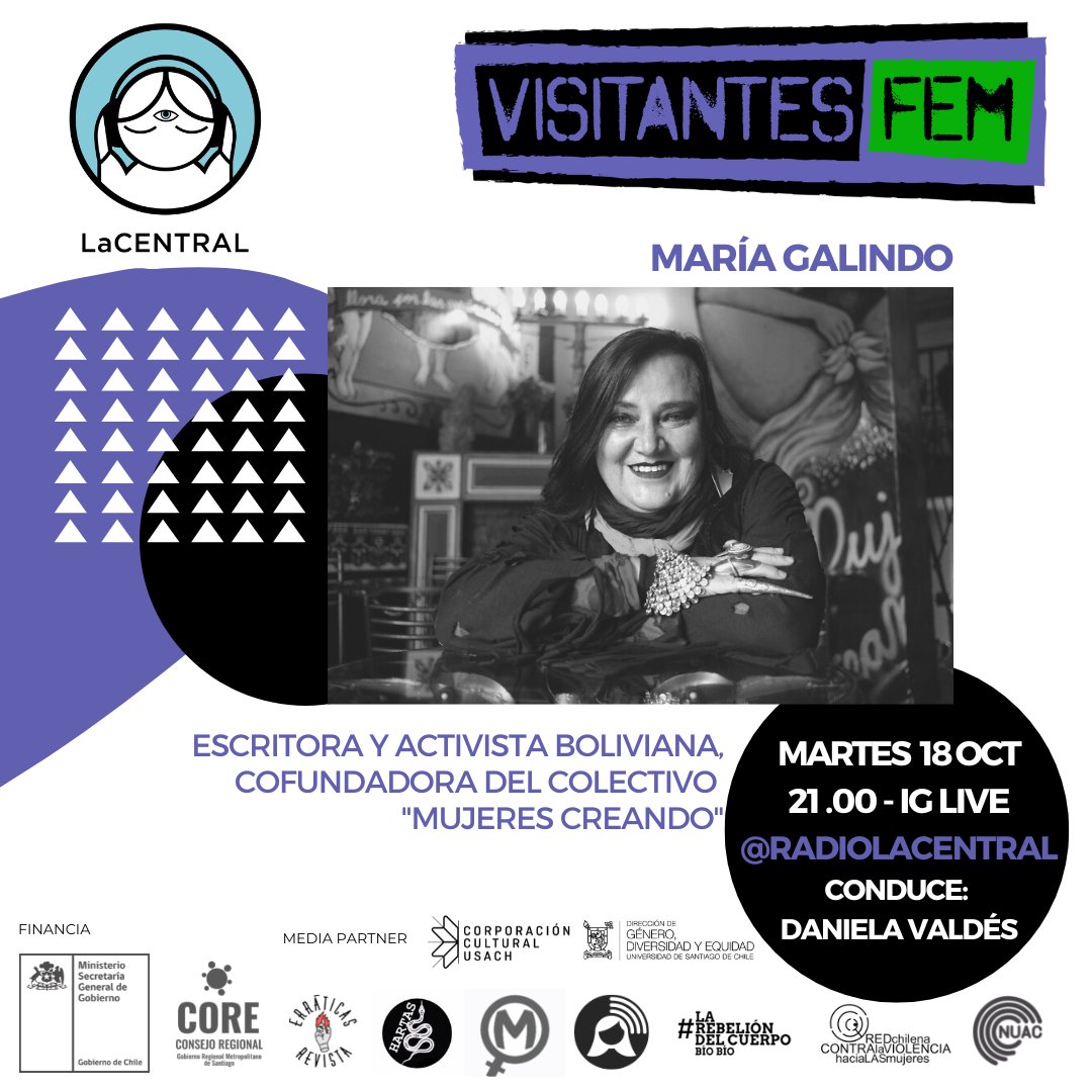 LaCENTRAL (@radio_lacentral) on Twitter photo Este 18 de octubre 🔥💜 nos conectamos en #VisitantesFem con #MaríaGalindo de <a href="/mujerescreando1/">Maria Galindo</a>, para hablar de su próximo libro que será publicado por <a href="/Editorial_Usach/">Editorial USACH</a>. 🎙️<a href="/danielavaldes/">daniela valdés v.</a> Este 18 de octubre 🔥💜 nos conectamos en #VisitantesFem con #MaríaGalindo de <a href="/mujerescreando1/">Maria Galindo</a>, para hablar de su próximo libro que será publicado por <a href="/Editorial_Usach/">Editorial USACH</a>. 🎙️<a href="/danielavaldes/">daniela valdés v.</a>