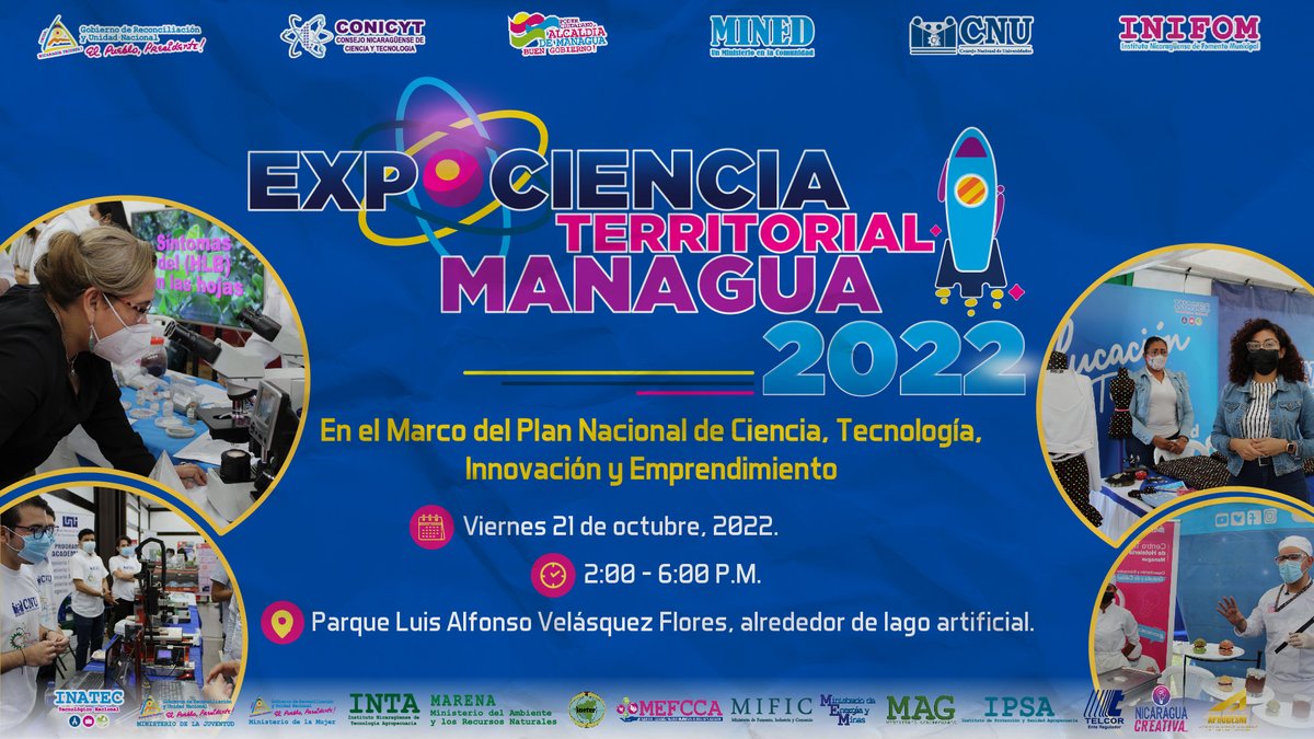 💡Este evento se desarrollará con el objetivo de promover el hábito e interés por la investigación científica e innovación tecnológica entre el estudiantado y la sociedad nicaragüense.

📆Viernes 21 de octubre.🕐2:00 - 6:00 P.M.
📍 Parque Luis Alfonso Velásquez Flores.