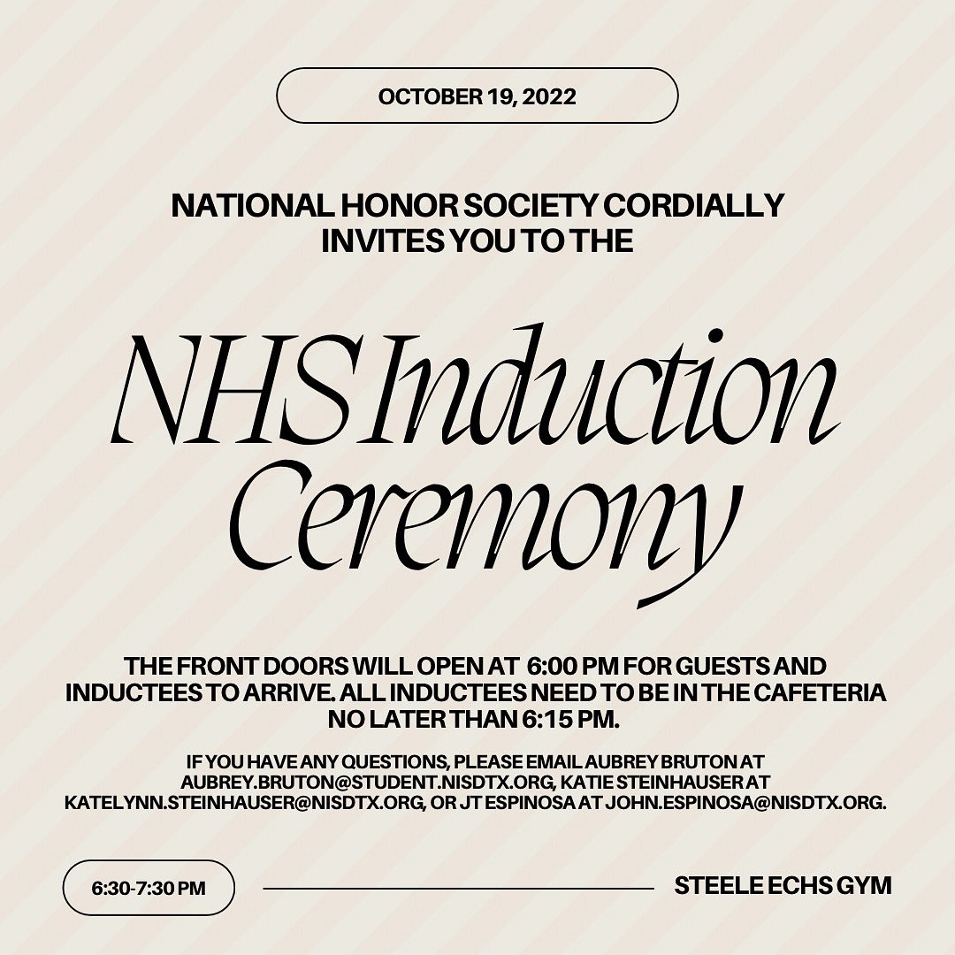 HonorSechs's tweet photo. NHS Inductions are this Wednesday! Students and parents are invited to attend our inductions to see our new inductees become members of the NHS chapter at Steele. Doors will open at 6 PM &amp; the induction starts at 6:30 PM. We are excited to see everyone there! @steele_echs https://t.co/2MDuRz77om