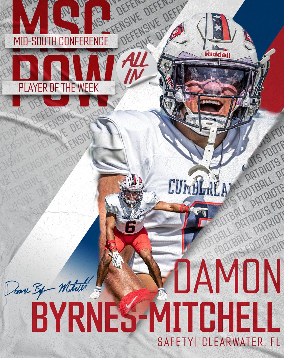 UCPatriotFball's tweet photo. Congrats to Damon Byrnes-Mitchell on capturing his first MSC Defensive Player of the Week this season.  He had 11 tackles, a forced fumble and recovery, and a block field goal.  🔴⚪️🔵 #ALLIN #GoPats #OneBigTeam

Read More: https://t.co/R46UHje0Mo https://t.co/LwFmsNtZZD