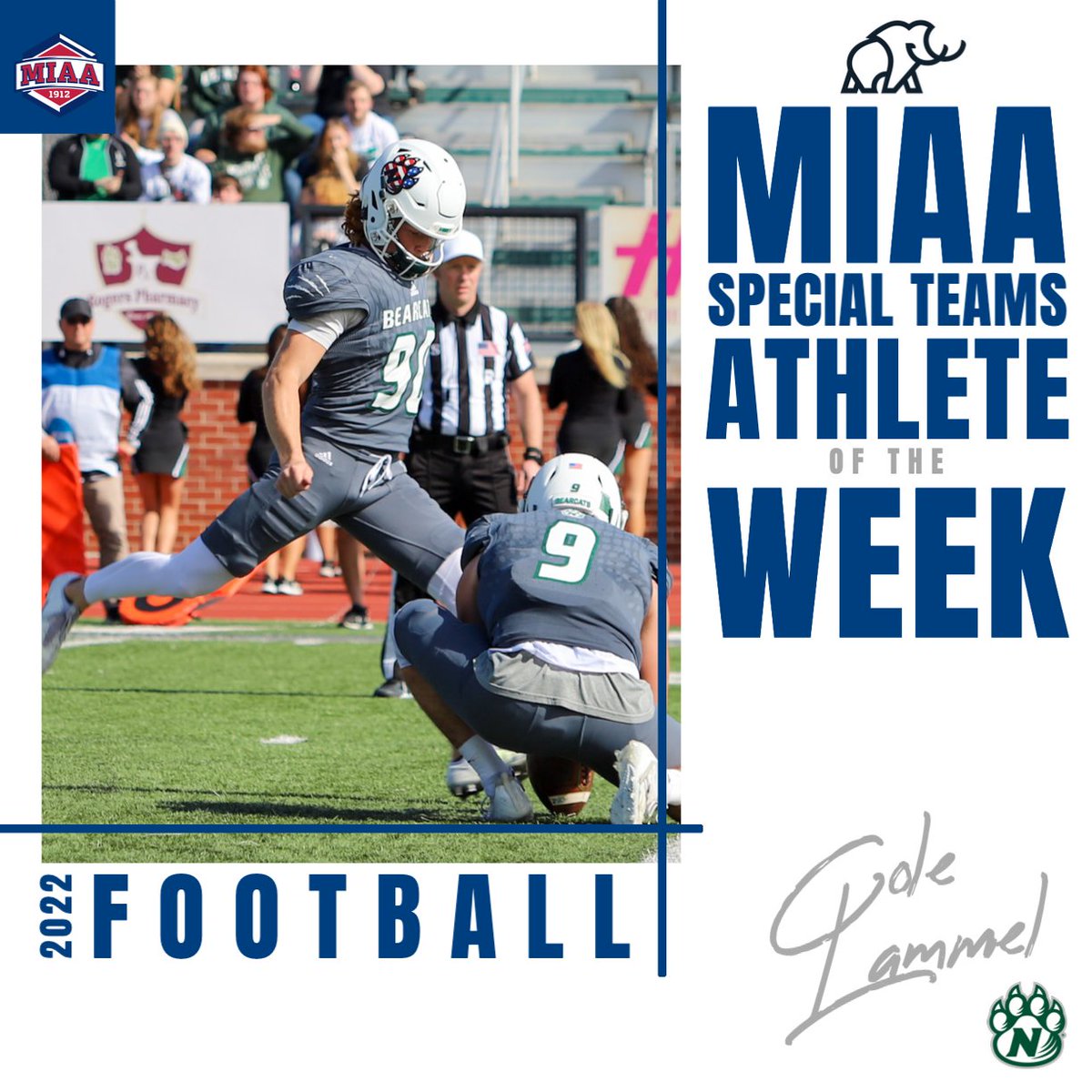 🆕 MIAA Football Athletes of the Week, presented by @MammothBuilt🏈⤵️  

<a href="/NWBearcat_FB/">Northwest Football</a>'s Cole Lammel was selected as week seven's Special Teams Athlete of the Week👏

🔗| bit.ly/3S2ZUWo
#BringYourAGame