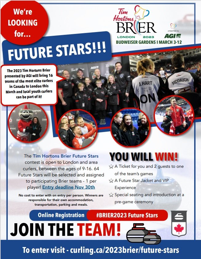 LondonCurlClub's tweet photo. With Tim Horton's #Brier coming to London in March, opportunities like the Future Stars program come as well.  Youth curlers can enter to win free tickets, curling gear and more! Visit  https://t.co/Lf3hJcmSMS for more information  #ldnont https://t.co/L8kDGzFKoZ