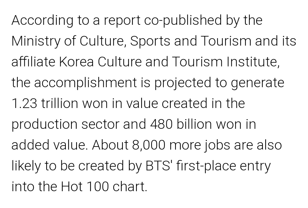 bngtnsuperior's tweet photo. No mienten LOL. BTS es responsable del 5% de la economía en Corea, en sus 10 años de carrera han contribuido 29B de dólares a su país. Solo Dynamite agregó 1.23B de wones y creó más de 8,000 empleos. Los medios ya reportan la caída del hallyu en los próximos meses porque una vez https://t.co/tbI0f5zJIl