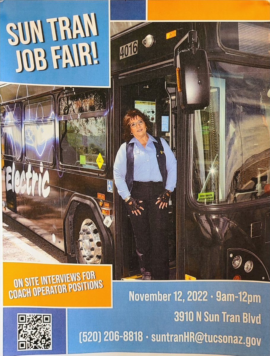 SunTranJobs's tweet photo. Our next Job fair has been scheduled! 
If you can't make it out to the TCC job fair this Thursday 10/20 from 10am-4pm, then come on out to our Sun Tran Job Fair that's being held at Sun Tran 3910 N. Sun Tran Blvd. November 12, 2022 from 9am-12pm.. 
See you all there!! 😁😁 https://t.co/2lJLvccF1e