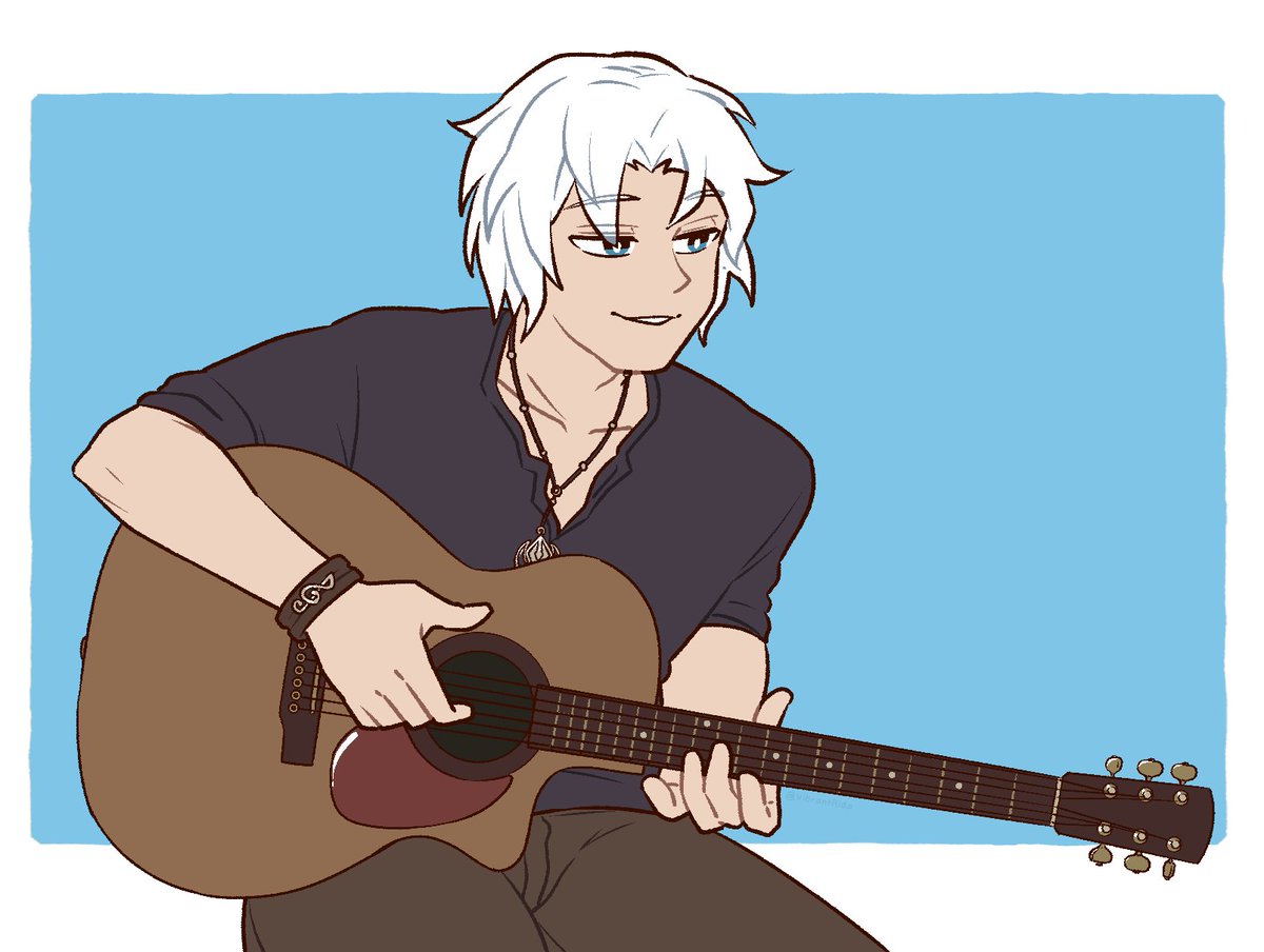 1boy instrument guitar male focus playing instrument white hair solo  illustration images