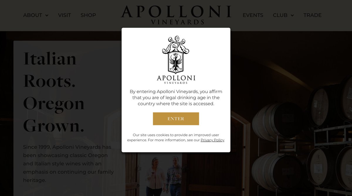Check out the custom AgeVerify instance we built for @ApolloniWine - simple, clean and classic.

#Oregon #wine #Oregonwine #vineyards #winery #willamettevalley #wine #WordPress #vineyard #ageverify #ageverification #cheers 

🍷🥂