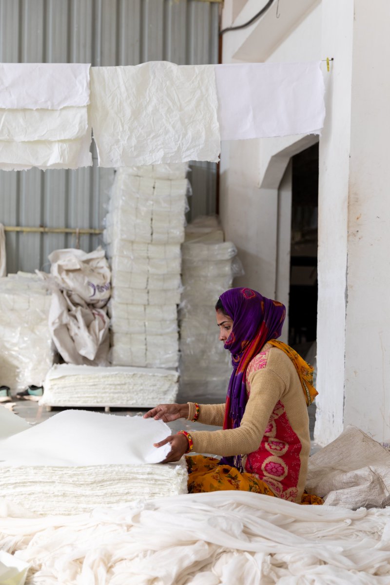 Artisans recycle cotton textiles discarded from the garment industry and transform them through a time-honored paper-making technique to create gift wrap, organization essentials, and office accessories. The process results in our environmentally friendly, timeless collections.