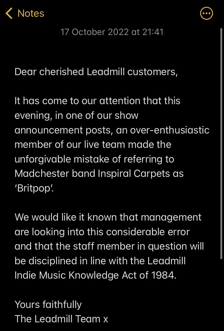 An apology from the team regarding tonight’s Inspiral Carpets announcement -