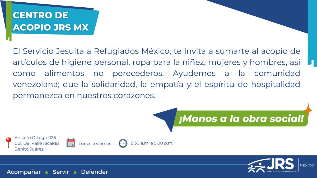 #AccionesJRSMX 
#ManosALaObraSocial
Te invitamos a apoyar a la comunidad venezolana, que se encuentra en los albergues de la #CDMX, entre todes podemos hacer la diferencia, las instalaciones de la oficina nacional del #JRSMéxico están disponibles a partir de hoy. 

#SomosJRS