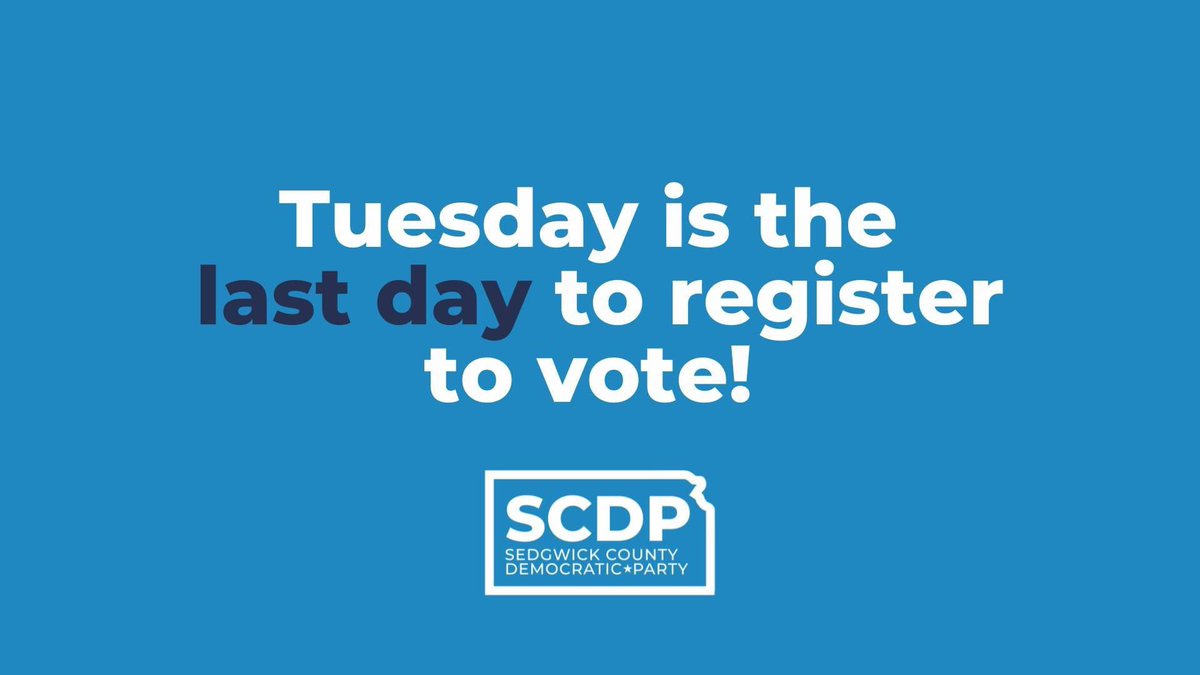 SedgwickDems's tweet photo. 🚨 PLEASE SHARE 🚨 

Tuesday is the LAST DAY to register to vote before the election! Ask your friends, co-workers and family if they are registered. 

Registering to vote is FAST and EASY online. 

Click here to register: https://t.co/8jVgwfMFN9 https://t.co/0oSUtydlzJ