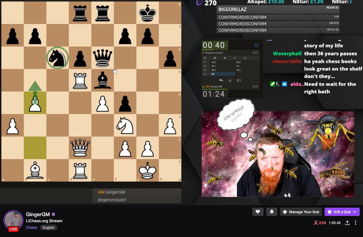 DanClegg11's tweet photo. Wasp happening in your office brother? LOL. Another great GingerGM stream (really wish you did more).  #chessdrama https://t.co/IXjBuBfHyN