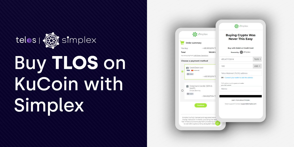 Great news for #Telos &amp; #Kucoin users🥳

💳 <a href="/simplexcc/">Simplex</a> provides you with a simple and secure way to purchase $TLOS on <a href="/kucoincom/">KuCoin</a> using your credit or debit card🚀

🧵

#TLOS #CEX