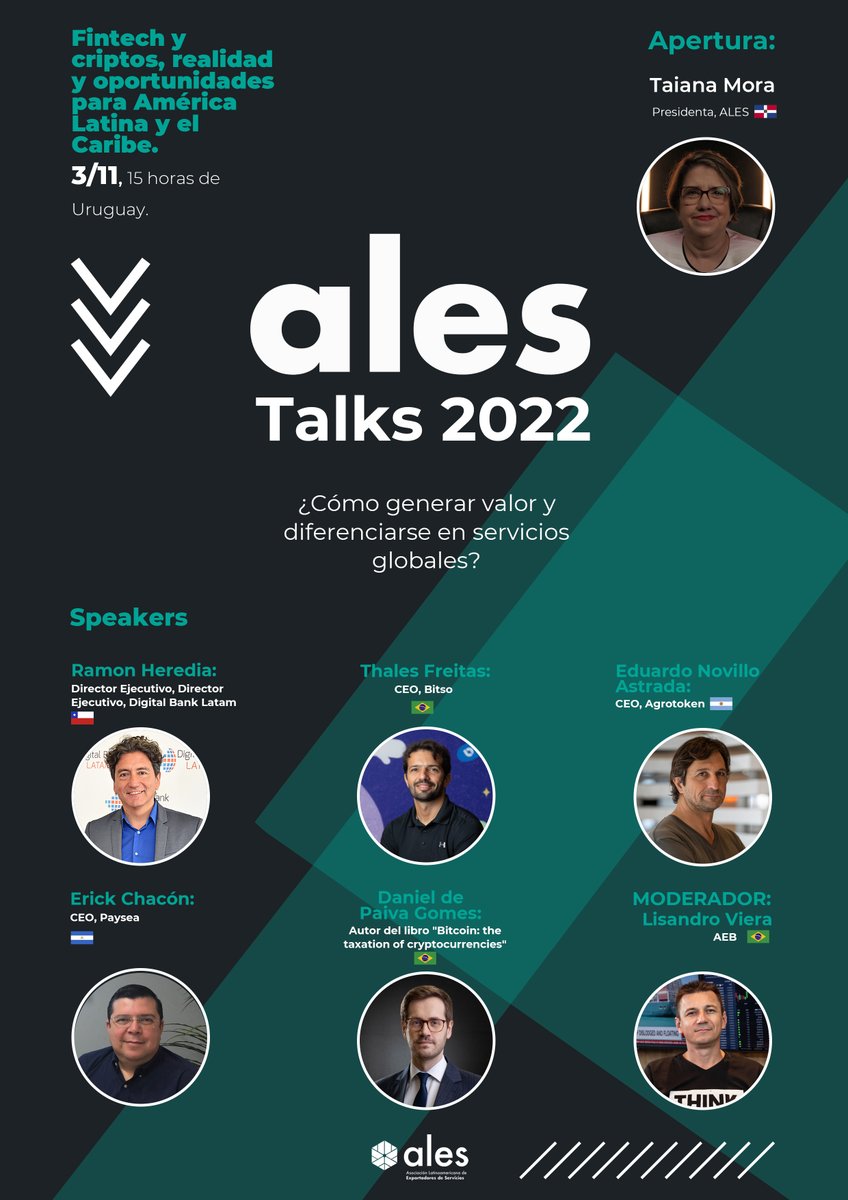 En noviembre tendremos el ciclo anual de ALES Talks 2022! El primero será sobre: "Fintech y criptos, realidad y oportunidades para América Latina y el Caribe", jueves 3/11 a las 15 horas de Montevideo. No te lo pierdas! lnkd.in/dNR6wUj3