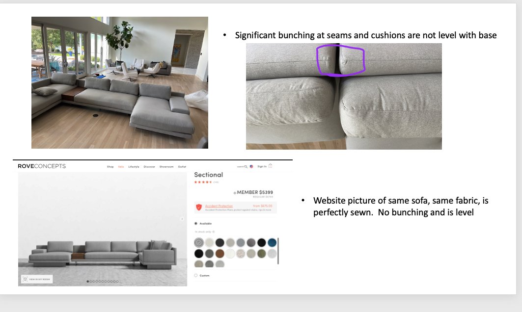 sl3017's tweet photo. @RoveConcepts can you help with return shipping of a defective sofa ?  ROVE tells me to fedex back at my cost !!!   I buy a $6000 sofa (tax, shipping, delivery, warranty) and I am supposed to spend thousands to send back due to your bad quality ? #roveconcepts #dresden https://t.co/0FIGx0rySV