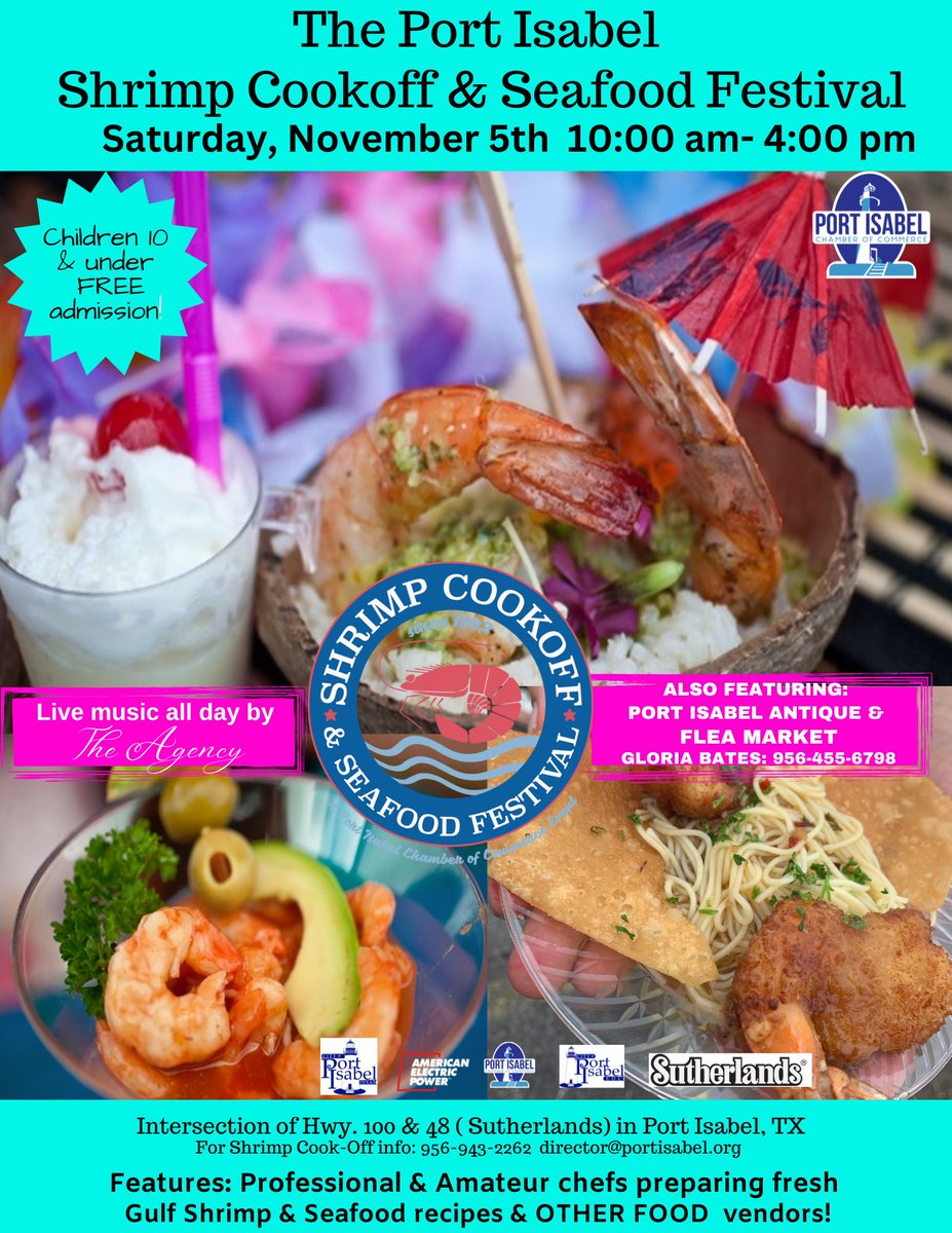 JOIN US FOR OUR 29th Annual Shrimp Cook-off and Seafood Festival 🍤ON Saturday, November 5th from 10:00AM-4:00PM!
Location:1723 TX-100, Port Isabel, TX 78578
✨FEATURING: Live music by The Agency, vendors from the LOCAL Port Isabel Flea Market, and MANY different food vendors!