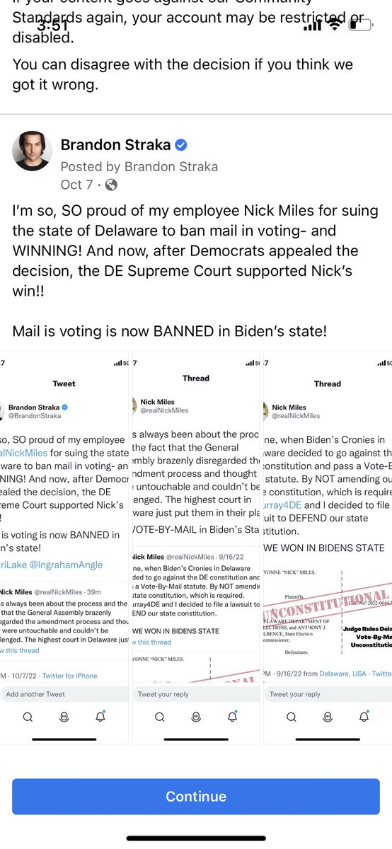 BrandonStraka's tweet photo. I’m so sick of Facebook’s BS- it’s just absolutely intolerable. I’m now suspended for 24 hours for posting that my employee won IN THE COURT OF LAW to ban no-excuse mail in voting in Delaware. 

I’m assuming they’re classifying this as “voting interference”. 

Marxist scumbags. https://t.co/Bj5uHPH66g