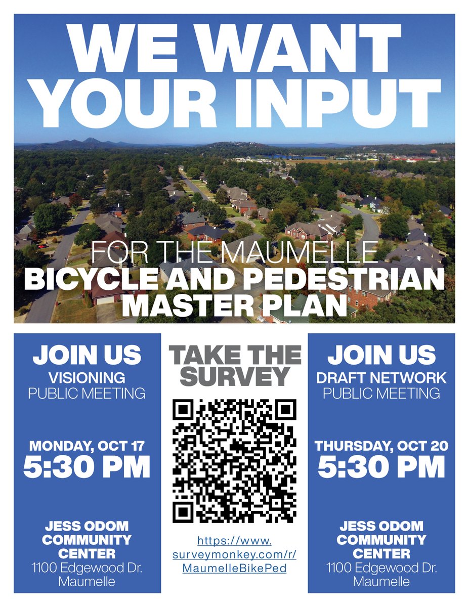 The Maumelle Bicycle and Pedestrian Master Plan will have its 1st meeting TONIGHT at 5:30PM at the Jess Odom Community Center. This meeting is open to the public and is a great way to share your thoughts and ideas for the future of our trail system.