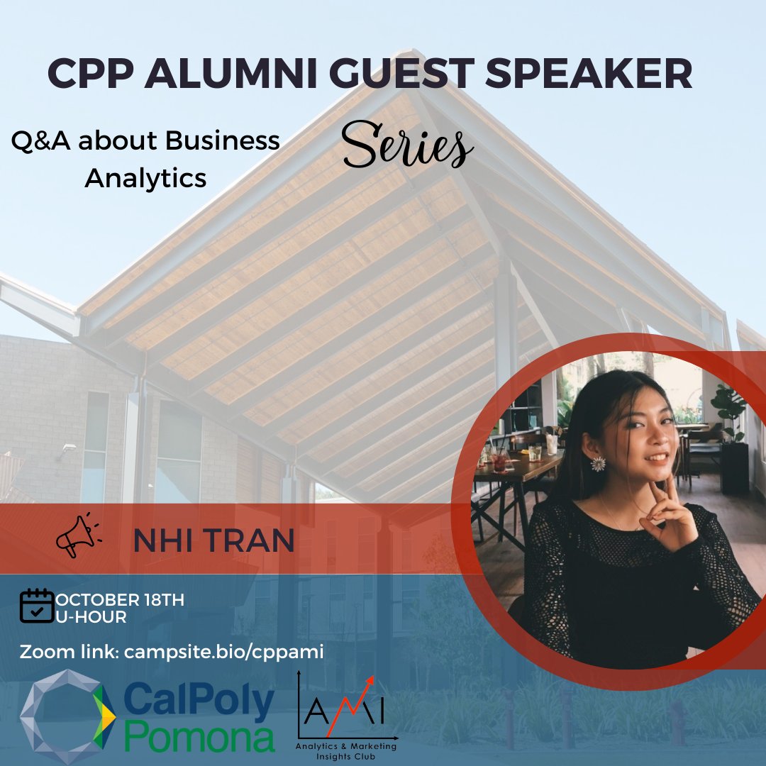 CPP_DMA's tweet image. Hey, broncos! This Tuesday, 10/18, we will host CPP alumni of the Masters of Science from the Business Analytics program, Nhi Tran. Join us for a Q&A about her experience and skills gained in business analytics. Zoom link in bit.ly/3CIlqKv
