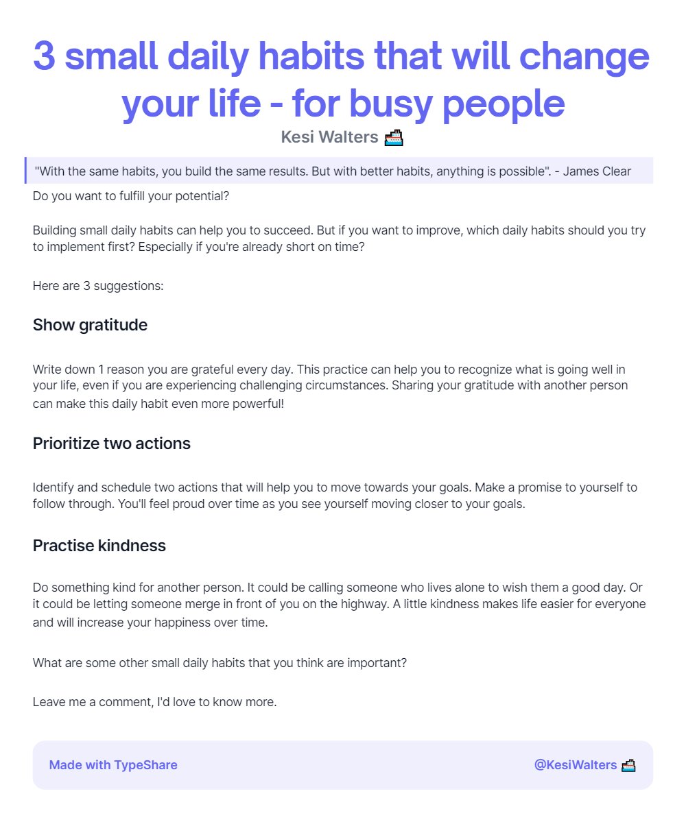 KesiWalters's tweet photo. 3 small daily habits that will change your life - for busy people. #ship30for30 https://t.co/WmKa9hviS6