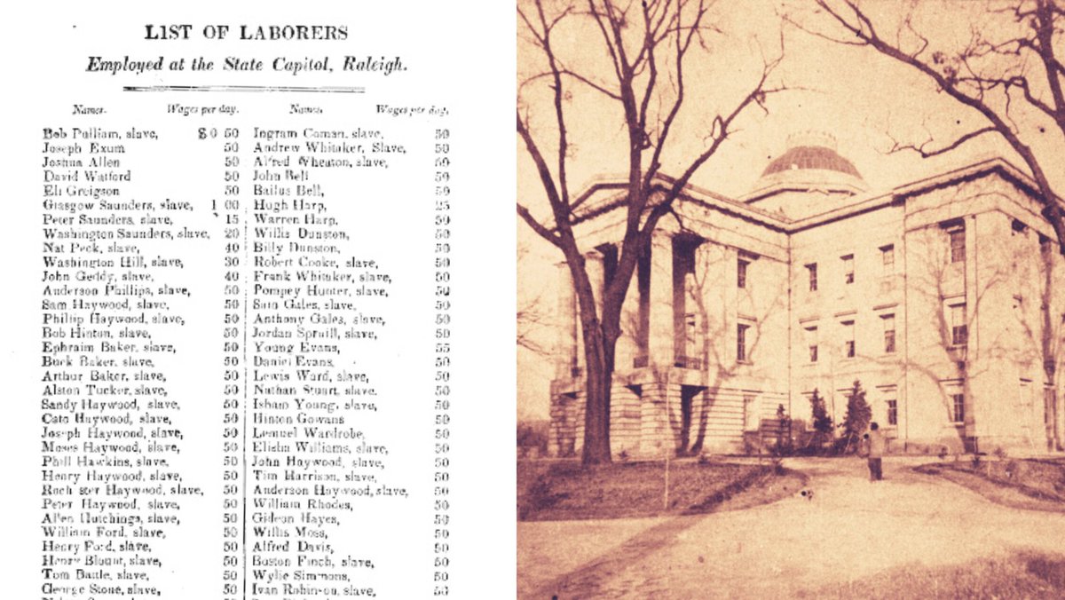 The @ncstatecapitol will host listening sessions for an initiative, currently titled “From Naming to Knowing: Uncovering Slavery at the North Carolina State Capitol.” Info: bit.ly/3rLyOID 📷 Capitol building and a list of laborers who built & maintained it in the 1800s.