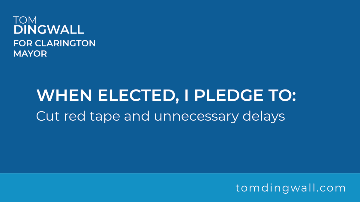 Dingwall_Tom's tweet photo. Red tape &amp; unnecessary delays have frustrated and stalled business owners for too long, preventing passion &amp; innovation from growing here in Clarington.

Vote Tom Dingwall October 18 - October 24 to be the next mayor of #Clarington 

To learn more, visit: https://t.co/7ENomTP50d https://t.co/1QpdPePo8D