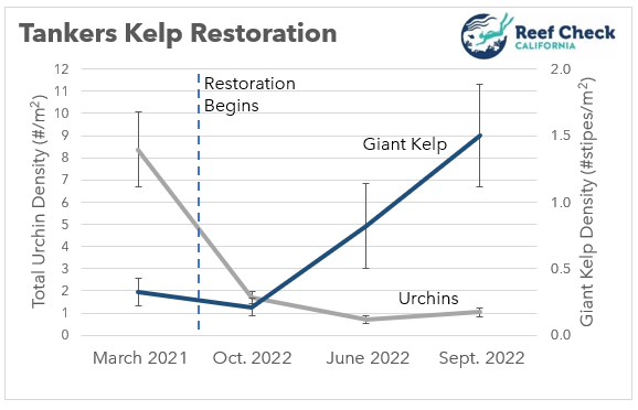 ImpatientGopher's tweet photo. New data collected by Reef Check shows that kelp restoration efforts at Tankers Reef off the coast of Monterey have resulted in the significant growth of giant kelp! The density increased roughly fivefold from 33 stipes per 100m2 to 150 per 100m2 from March 21' to Sept 22' https://t.co/qqxW5ie0yH