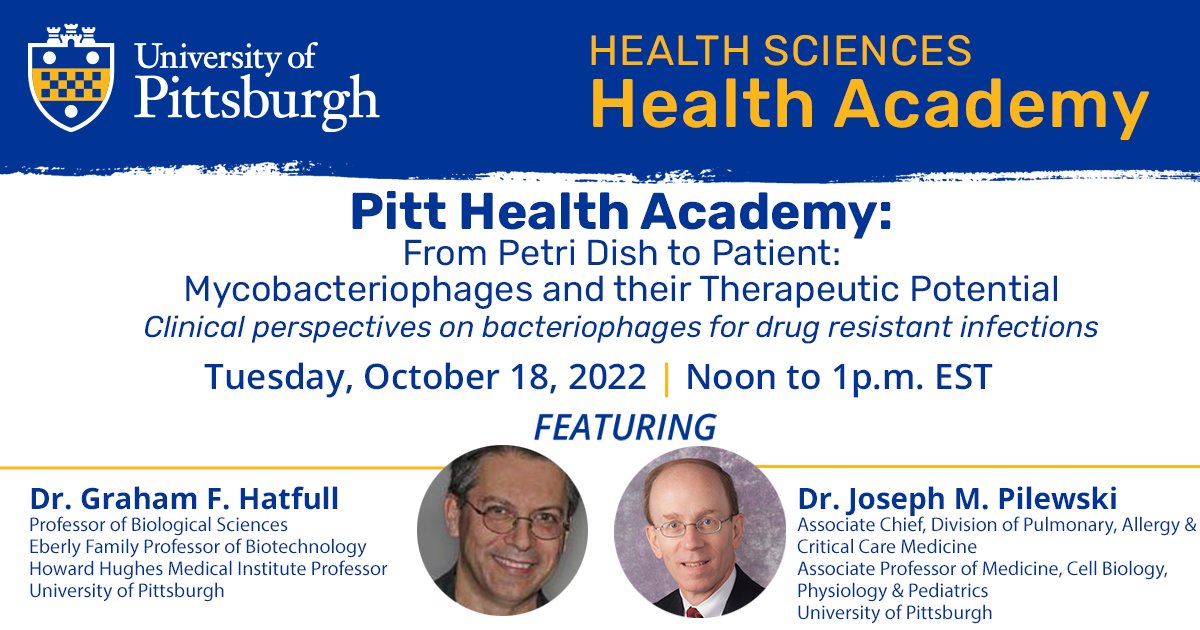 Last chance to register for Pitt’s Virtual Health Academy, happening tomorrow!

Don’t miss out on a conversation with Drs. Pilewski and Hatfull on mycobacteriophages and their therapeutic potential—Register now to join us: alumnionline.pitt.edu/s/1729/alumni/…
