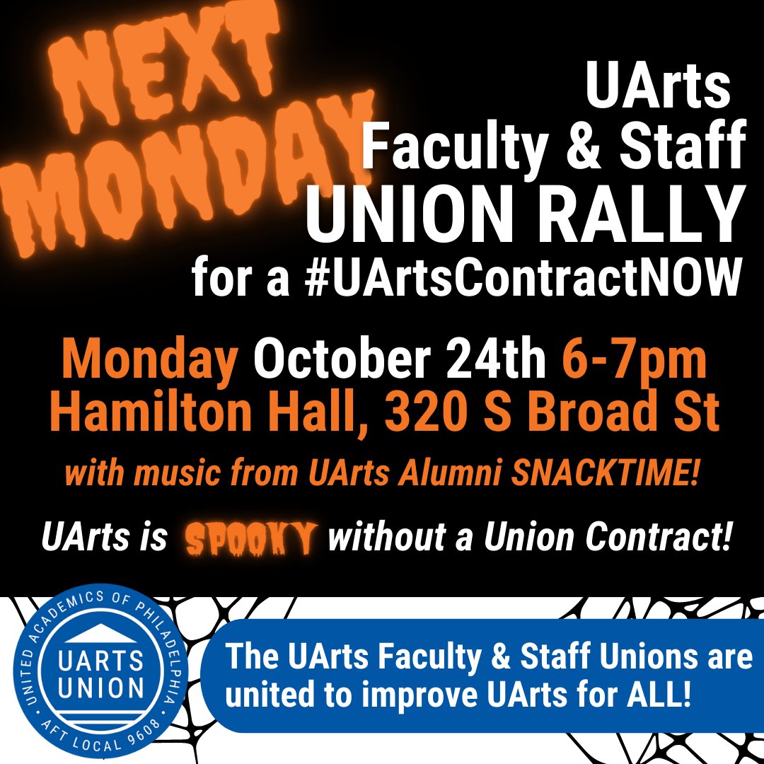 POSTPONED due to forecast thunderstorms! We need to keep @UArts Alumni @SNACKTIMEPHILLY dry & everyone safe! Join us NEXT Monday 10/24 for our #UArtsUnion RALLY for a #UArtsContractNOW! Please share to spread the word!