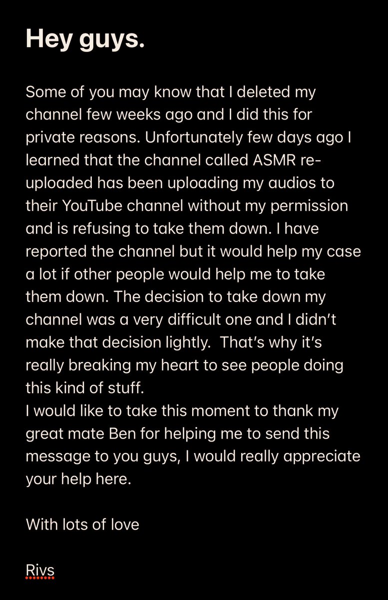 Hey tribe, Miss Rivers audio asked me to relay this message, here is a screenshot of what she’d like to say to the community. Someone has been stealing her content and reposting it without permission. 

Here is a link to the imposter page. Report him. youtu.be/Dv6KhxSWcZA