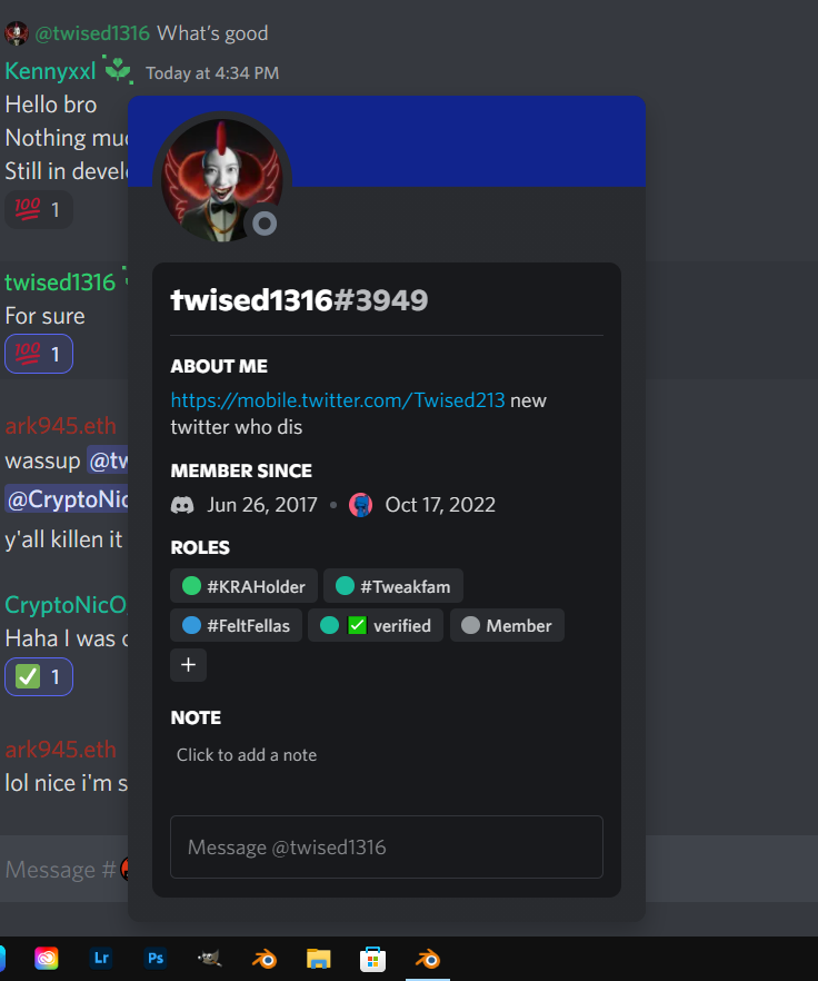 <a href="/Twised213/">Twised1316</a> sorry i missed you bro!

<a href="/Twised213/">Twised1316</a> stopped by and since he's a holder of <a href="/tweak_labs/">Tweak Labs</a> &amp; <a href="/FeltFellas/">Felt Fellas / 29 Fellas Left to Mint</a> he has the same privileges as my holders. #feltfellas #tweakfam #kingsruleall

Discord: discord.gg/R8Vhj67MgD 
#nftcommunity