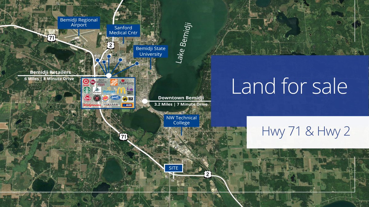•Ideally suited for residential, hotel, assisted living, 
        or multifamily developments
•Direct access to Hwy 71 
•Site preparation complete
•Just south of Lake Bemidji 
•Flexible B-1 zoning
colliers.com/en/properties/…
#BemidjiMN #VacantLand #DevelopmentOpportunity
