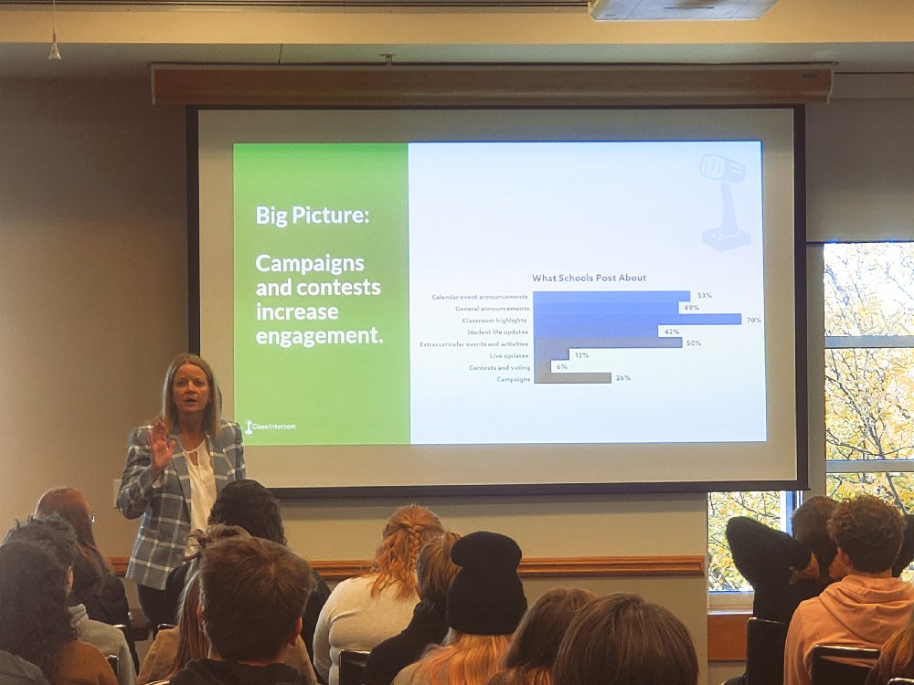classintercom's tweet photo. Dr. Jill presented Social Media Smarts today at the @nehspress Conference to a packed room. It's so fun being around all the student journalist energy, like this awesome @MSHSJournalism student who couldn't wait to get her hands on a Content Creator press pass! #ContentGen #NHSPA https://t.co/xJ8hXersXK