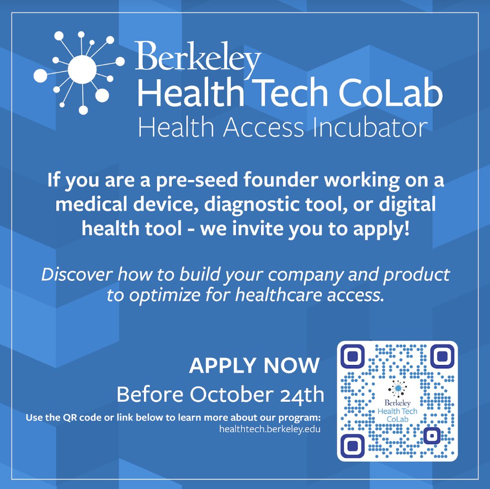 HealthTechCoLab's tweet image. Are you an innovator passionate about healthcare access? Apply to our Health Access Incubator by Oct 24th! Learn more at healthtech.berkeley.edu 🎃