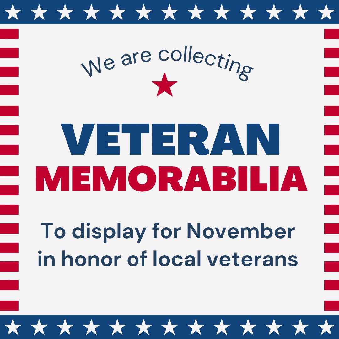 We are collecting memorabilia for November’s display for local veterans. If you have any items you’d like to display in honor of a loved one, please bring them by the museum before October 29. We will be sure to care for your items and get them back to you safely! ❤️🇺🇸💙