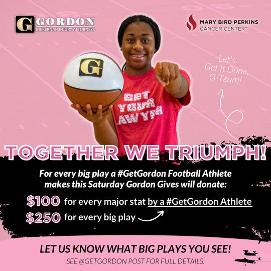 mkwill12_'s tweet photo. #TheGTeam is #PlayingForPink this Saturday!💗 #GordonGives has teamed up with the #GetGordon football players across the state to give back $8,500 or more to local cancer organizations in honor of Breast Cancer Awareness Month. @getGordon @MaryBirdPerkins #GetGordon #GetItDone https://t.co/2EyDdYUYSJ