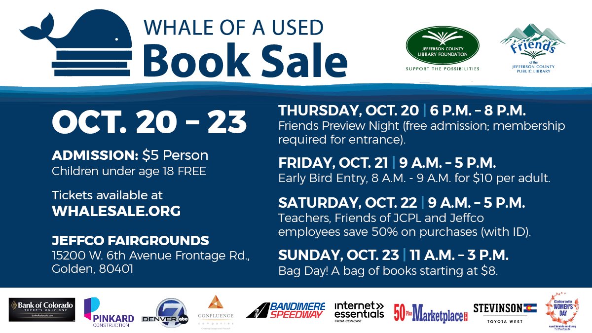 cojeffcolibrary's tweet photo. Make a splash at our Whale of a Used Book Sale at the Jefferson County Fairgrounds October 21-23! Find thousands of gently used books, CDs, DVDs and vinyl records available for all ages, stages and interests. Purchase tickets here:
https://t.co/kzKD22WPdb https://t.co/BtmQVSPdcH