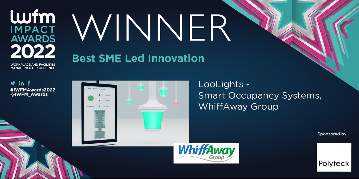 IWFM_Awards's tweet photo. Now we have, Best SME Led Innovation, sponsored by @PolyteckGroup
And the #IWFMWinner is LooLights - Smart Occupancy Systems, WhiffAway Group @whiffaway #IWFMAwards2022 https://t.co/47JByclsEV