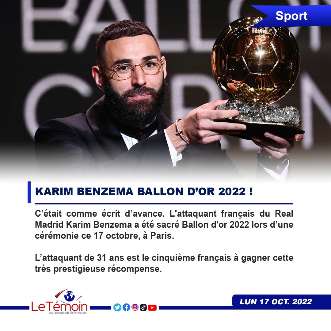 letemoinhaiti's tweet photo. Karim Benzema Ballon d’Or 2022 !
⚽️⚽️⚽️⚽️⚽️⚽️⚽️⚽️⚽️⚽️
C’était comme écrit d’avance. L'attaquant français du Real Madrid Karim Benzema a été sacré Ballon d'or 2022 lors d’une cérémonie ce 17 octobre, à Paris. 
@Benzema #BallonDor #HalaMadrid #letemoinht #RealMadrid https://t.co/4etFqFMKr9