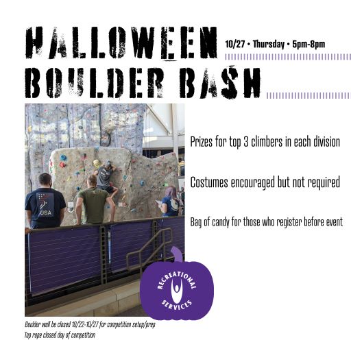 KStateRec's tweet photo. Join us next Thursday for the Halloween Boulder Bash!💜🧗 Register TODAY! #climbingwall #boulderbash #kstaterec https://t.co/NkQnE6v2SV