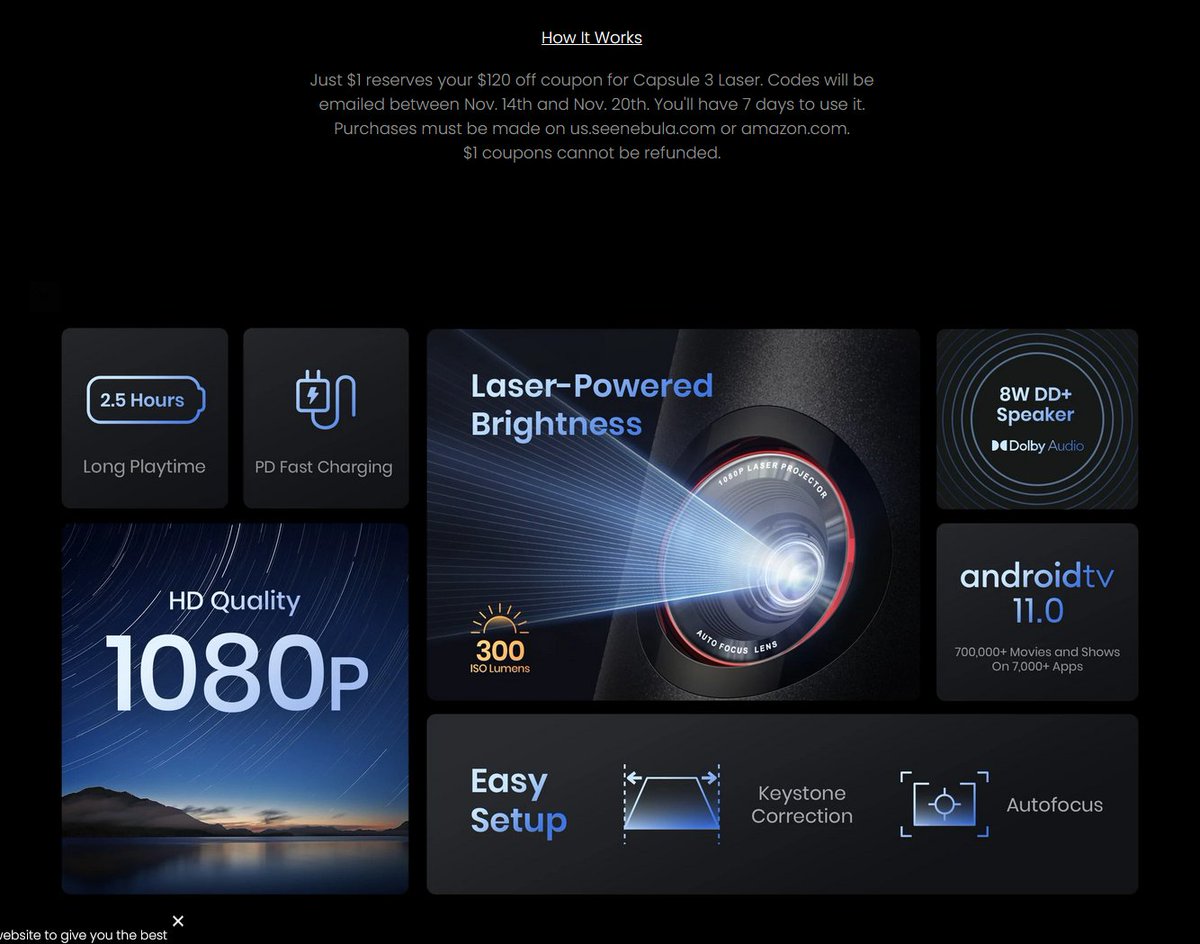Tarwn's tweet photo. Bold. The "How it works" section of the home page explains how the discount works, not the product?

But I think it may be a projector based on the android TV inclusion and 1080p? (I skipped the videos, so this is one scroll down on the homepage) https://t.co/Oml47dslUA