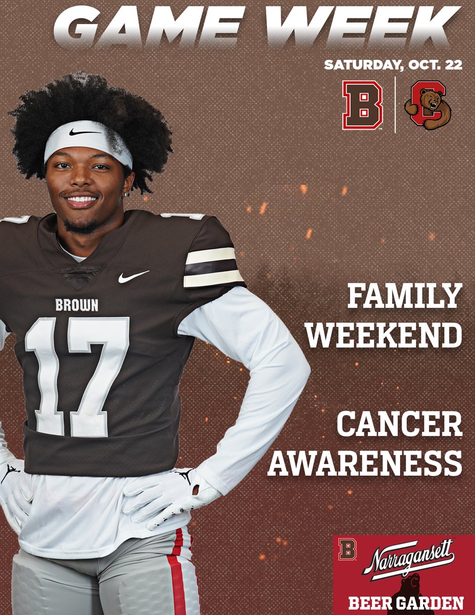 GAME WEEK! Brown vs. Cornell Saturday 10/22/2022 - 12:30pm - Special ticketing discounts available for members of the Brown community. - Pink Game: Lead in to team's annual Bench Press for Cancer and sales supporting cancer research 🔗- bit.ly/3gfYR8r