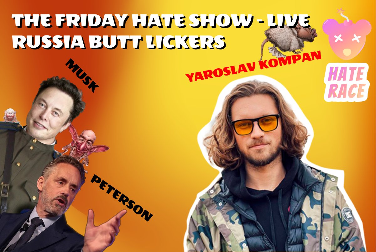 race_hate's tweet photo. 👺 The Friday Hate Show: Episode 10. russia's bⓊtt lickers

Join our weekly satire #TheFridayHateShow (which is Tuesday this time) 🤬

This week we will discuss those filthy dirt bags that think that licking #russiaisaterrorisstate 's old rusty @ss is a good idea and... https://t.co/5hNxOy7bUY